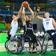 Ian Sagar of Great Britain and Alexander Halouski of Germany during Wheelchair basketball match Germany against Great Britain during Rio 2016 Paralympics at Carioca Arena 1 on September 11, 2016 in Rio de Janeiro.